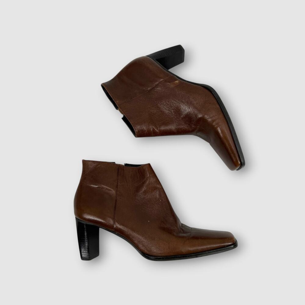 Y2k Vintage Etienne Aigner Brown Leather Square Toe Block Heel Ankle Boots 7.5